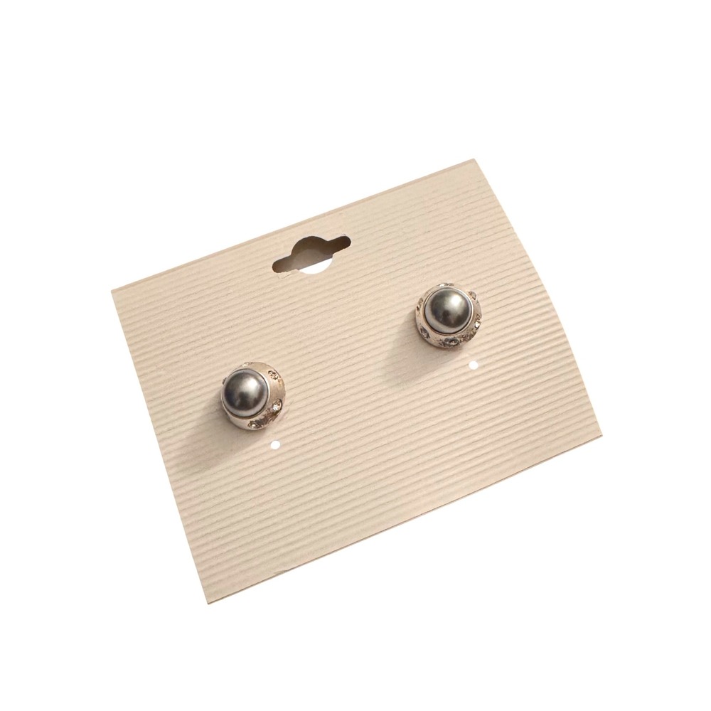 NWT‎ Silver Tone Faux Grey Pearl Rhinestone Halo Stud Earrings Classic Round